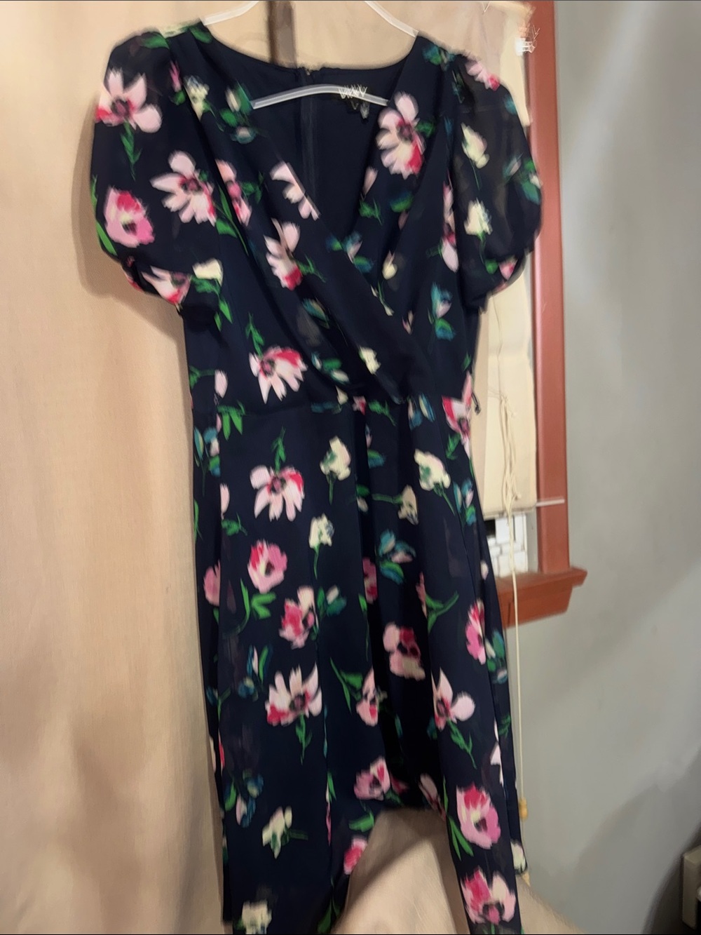 DKNY Floral Wrap Midi Dress - Navy with Pink Flowers-26